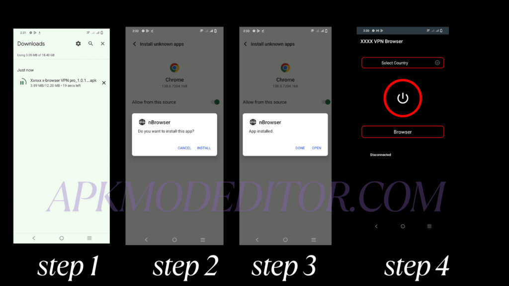 guide for downloading and installing XNXubd VPN browser APK on android 
