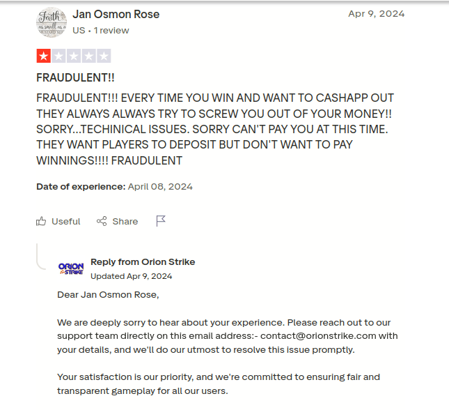 screenshot of a negative experience about orion strike withdrawals and response of orion strike team on it;  
