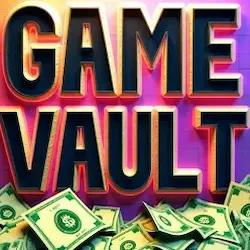 Game Vault casino logo with cash bundles background in a vibrant, colorful theme